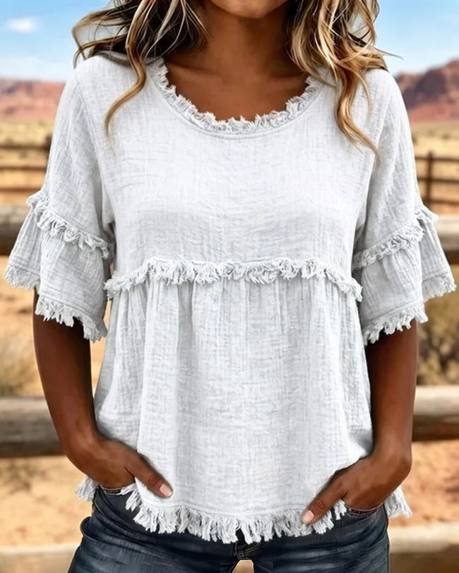 Blusa informal de mezcla de algodón con flecos y bordes