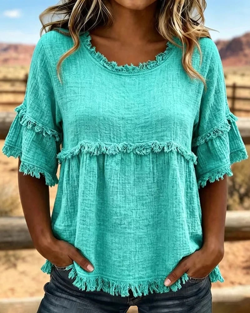 Blusa informal de mezcla de algodón con flecos y bordes
