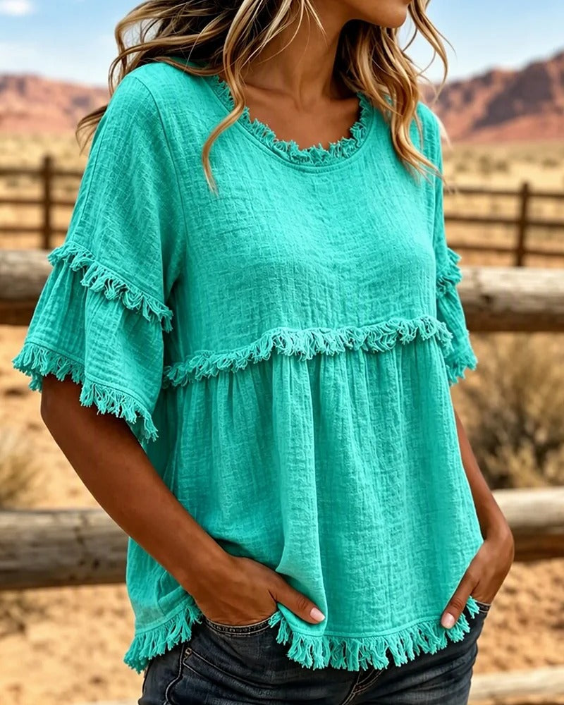 Blusa informal de mezcla de algodón con flecos y bordes