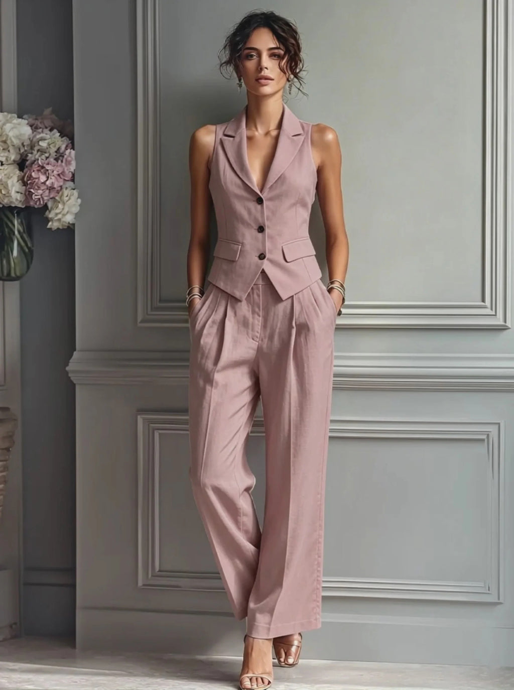 Conjunto de lino para mujer rosa palo con chaleco sin mangas y pantalón de pierna ancha