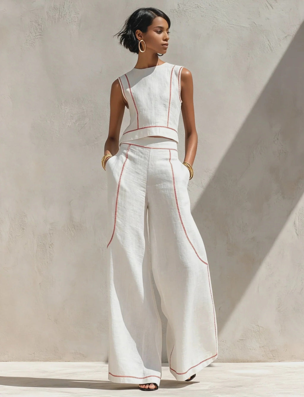 Conjunto de lino en contraste.