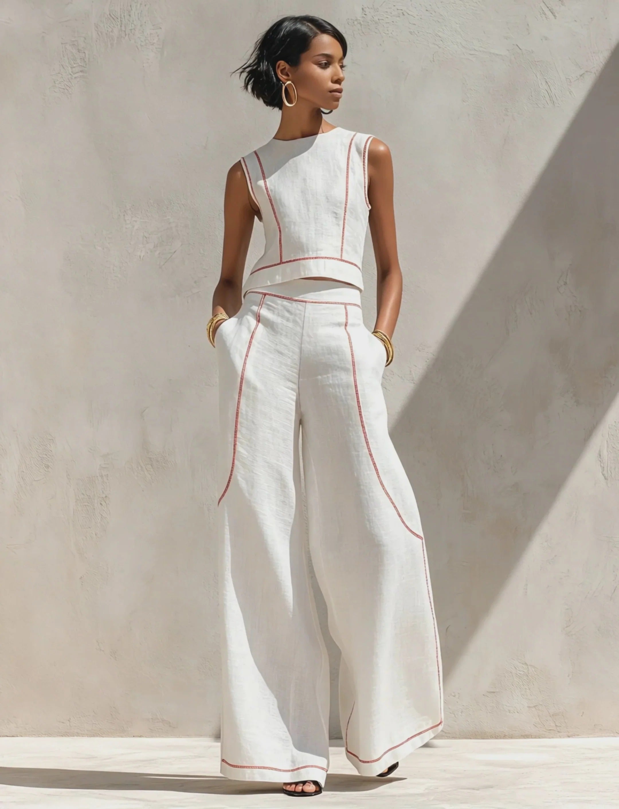 Conjunto de lino en contraste.