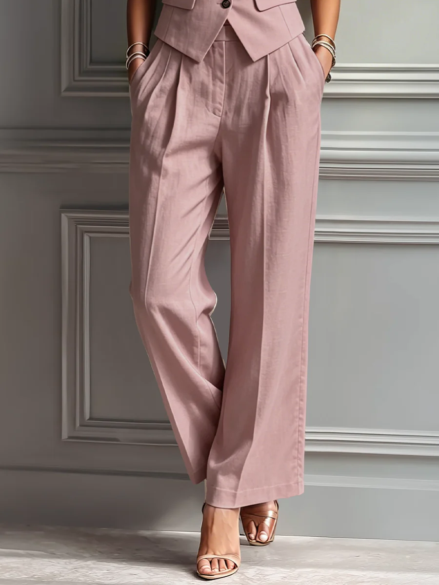 Conjunto de lino para mujer rosa palo con chaleco sin mangas y pantalón de pierna ancha