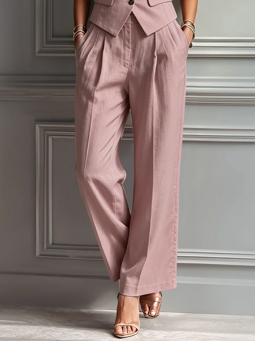 Conjunto de lino para mujer rosa palo con chaleco sin mangas y pantalón de pierna ancha