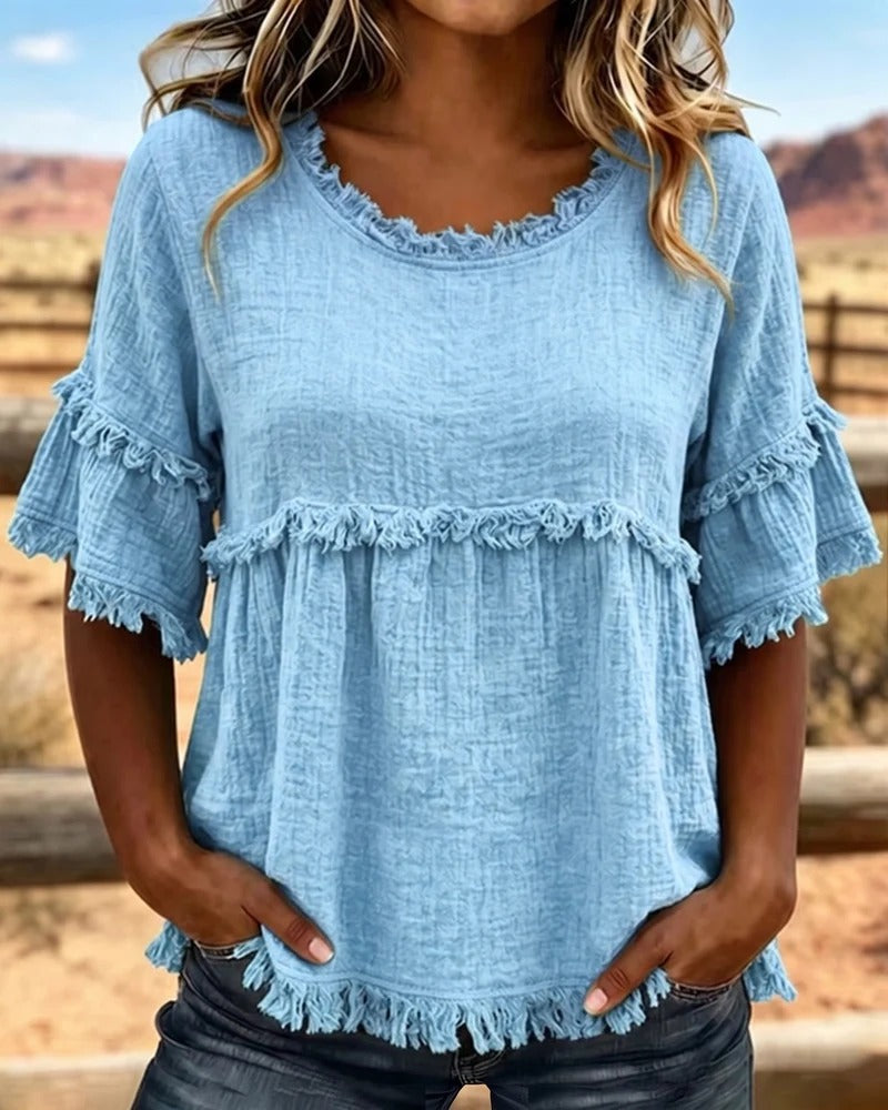 Blusa informal de mezcla de algodón con flecos y bordes