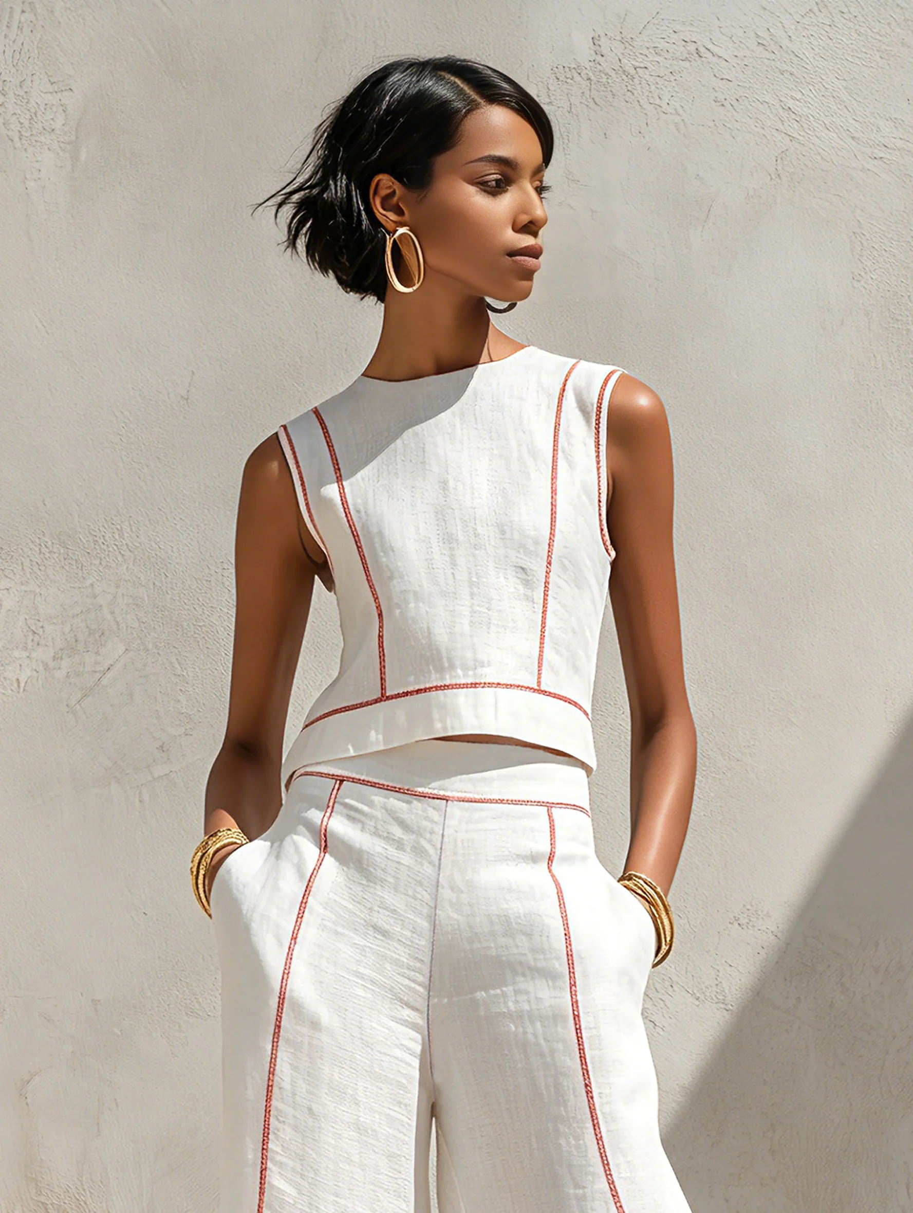 Conjunto de lino en contraste.